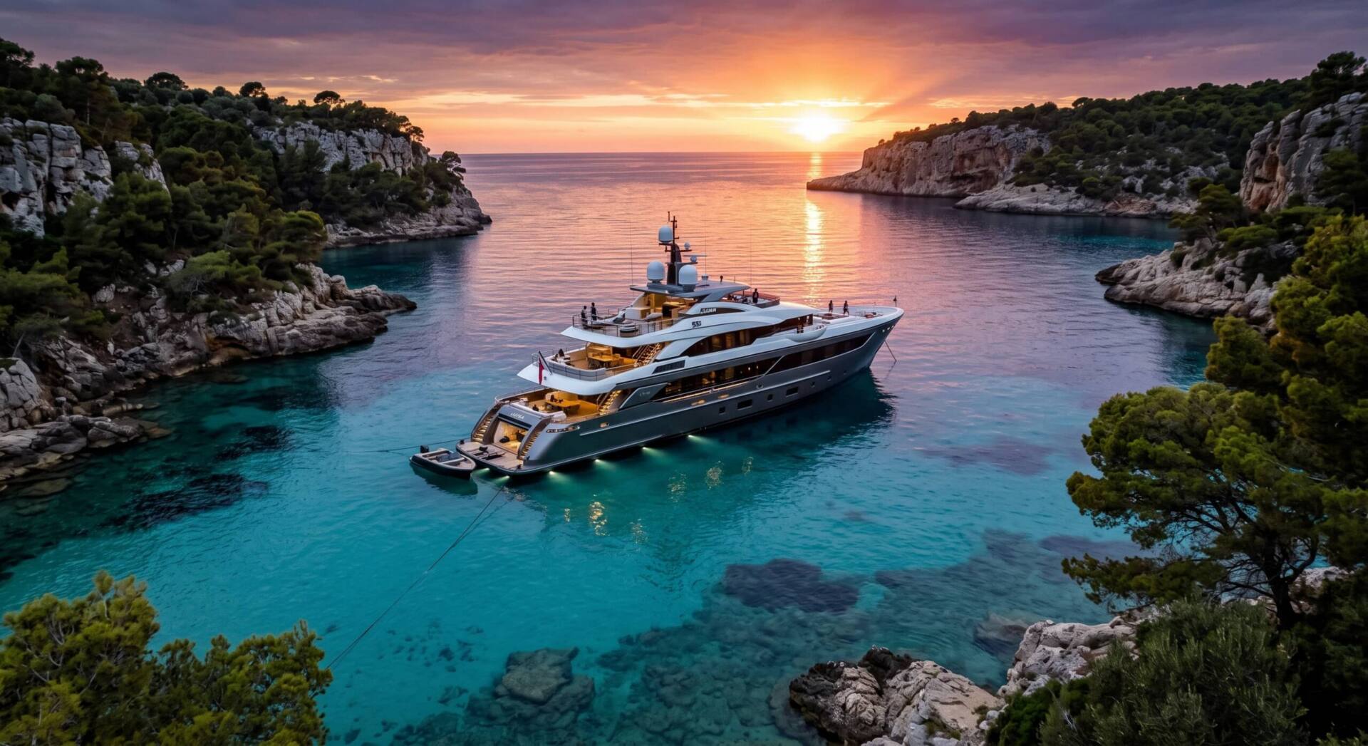 Charter yacht anchored in a turquoise cove at sunset