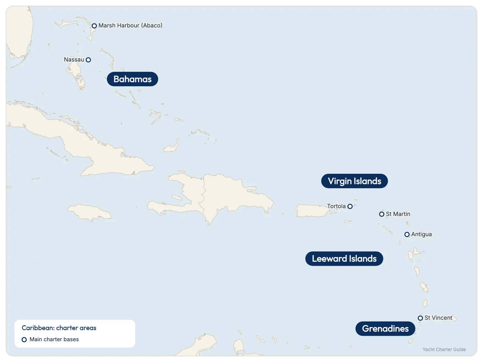 Map of the Caribbean for a yacht charter: the Bahamas, the Virgin Islands, the Leeward Islands and the Grenadines, with the main charter bases