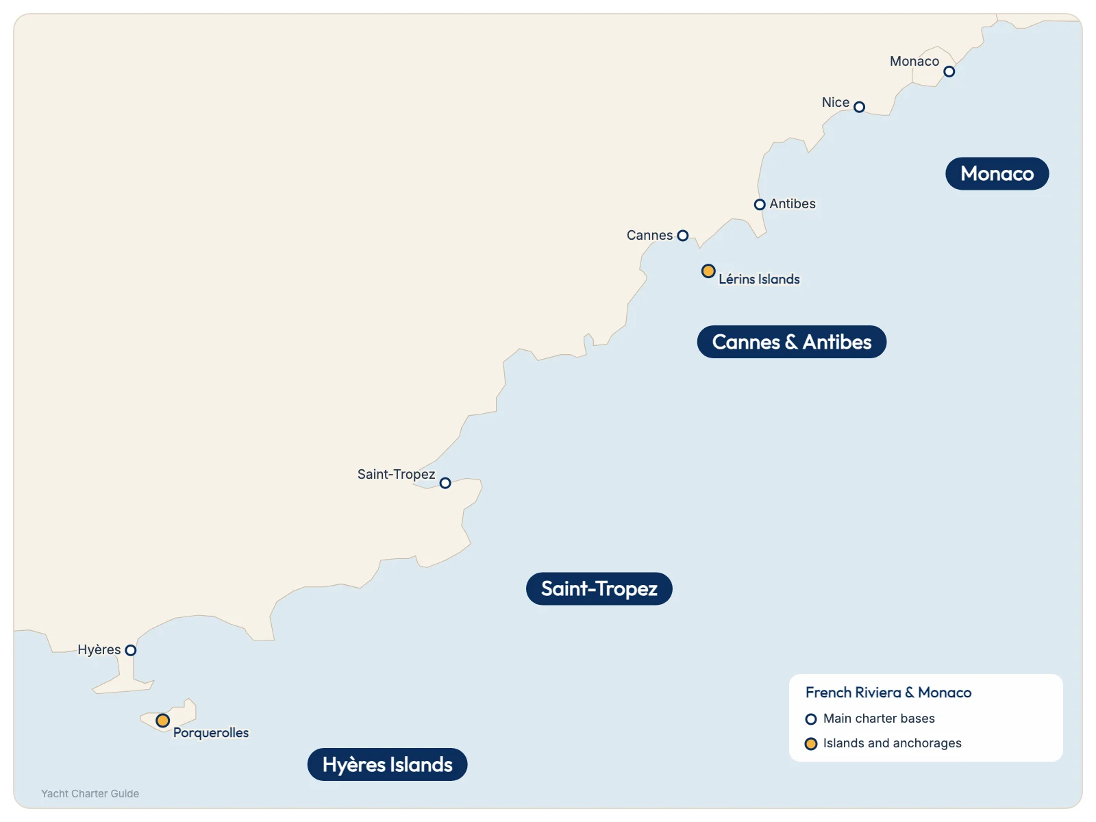 Map of the French Riviera and Monaco for a yacht charter: Monaco, Nice, Antibes, Cannes, Saint-Tropez and the Hyères Islands, with the Lérins Islands and Porquerolles