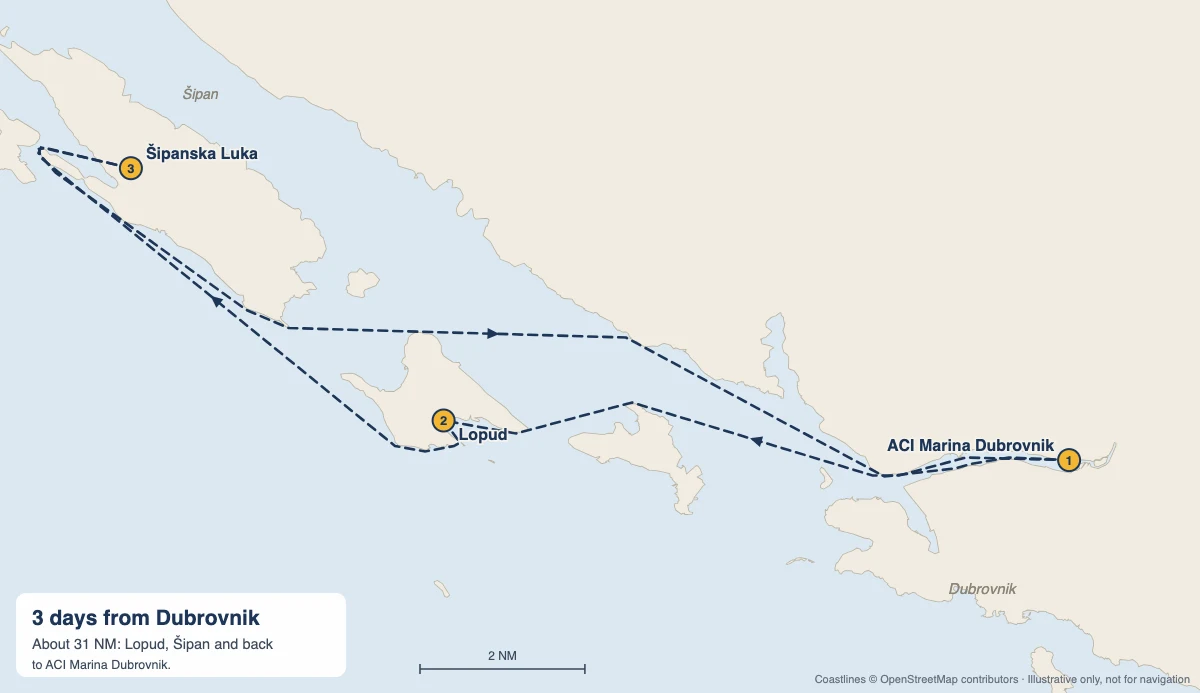 Map of a 3-day yacht charter route from ACI Marina Dubrovnik to Lopud and Šipan in the Elaphite Islands