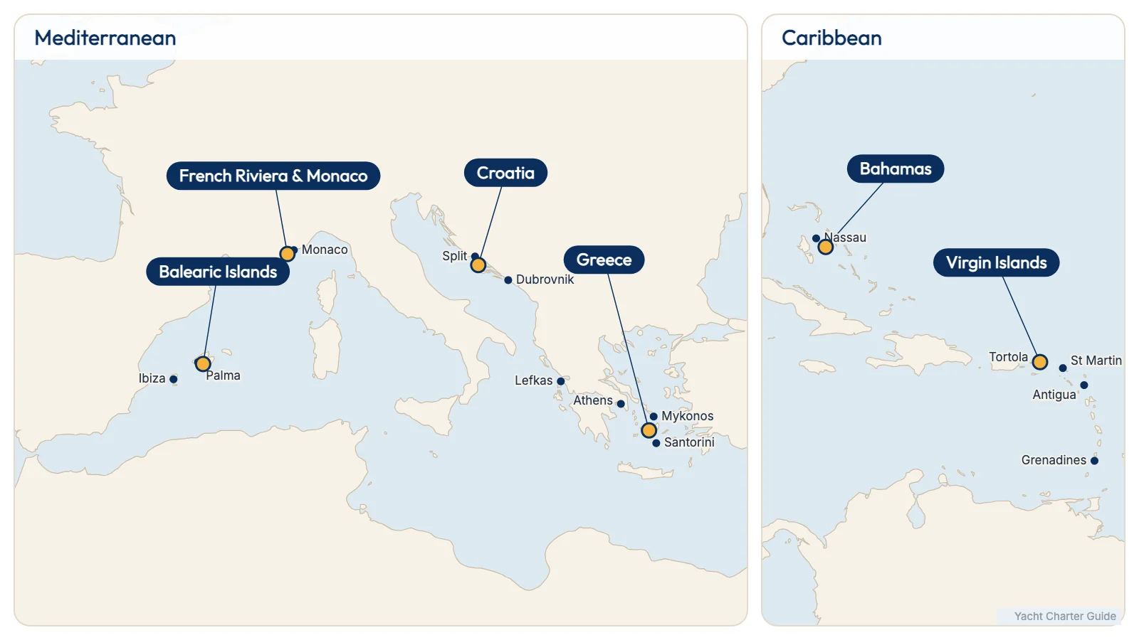 Map of yacht charter destinations: Balearic Islands, French Riviera and Monaco, Croatia and Greece in the Mediterranean; Bahamas and the Virgin Islands in the Caribbean