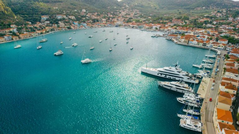 Yachts anchored and moored in Vathy harbour, Ithaca, in the Ionian Sea